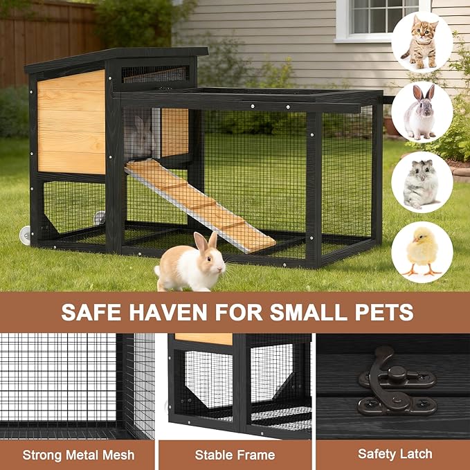 TIMHAKA 2-Story Rabbit Cage with Wheels, Bunny Hutch w/Chew-Proof Ramp, Indoor Outdoor Bunny Cage w/Leak-Proof Trays and Openable Waterproof Roof for Rabbits, Guinea Pig, Small Animal Yellow