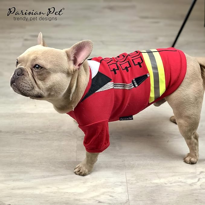 Parisian Pet Dog Costume - 100% Cotton Firefighter Dog Clothes for Small Dogs - Lightweight Puppy Outfits - Funny Chihuahua Clothes - Sleeved Red Shirt for Dogs - Stretchy and Stylish Pet Costume