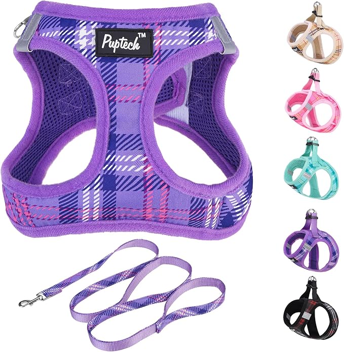 PUPTECK Dog Harness and Leash Set for Small Medium Dogs No Pull Step-in Soft Mesh Puppy Cat Vest Harnesses Reflective at Night, Plaid Pattern Purple XS
