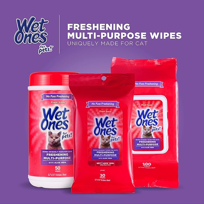 Wet Ones for Cats Freshening Wipes, Multi-Purpose Cat Grooming Wipes with Aloe Vera, Helps Remove Dirt, Odor, and Dander Between Baths, Fresh Scent, 50 Count