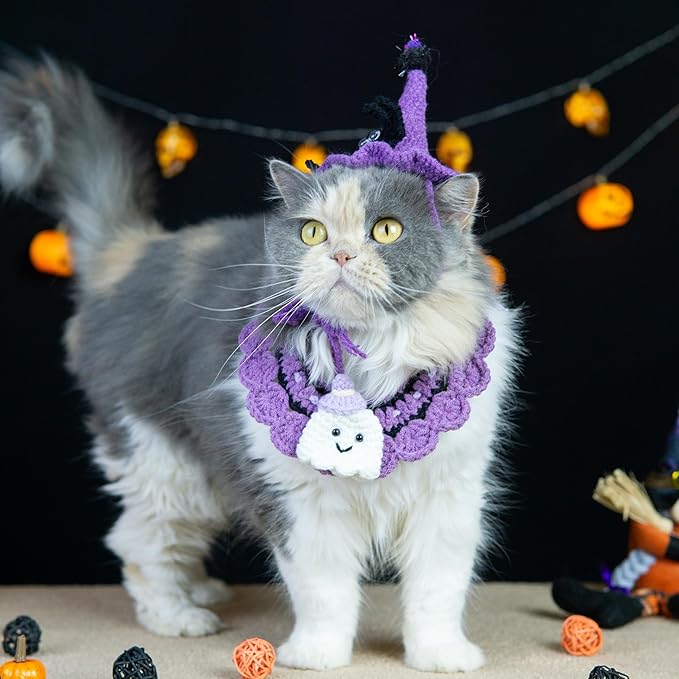 Halloween Cat Costume & Dog Outfit – Handmade Purple Witch Hat & Cute Ghost Cat Clothes, Adjustable Pet Outfit for Rabbits,Cats &Small Dogs, Lightweight & Breathable, Festive Pet Accessories