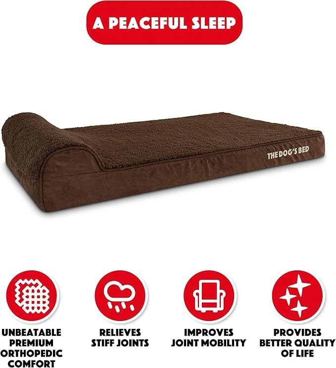 The Dog’s Bed Orthopedic Memory Foam Dog Bed with Headrest, Calming Surface – CertiPUR-Certified Foam, Plush Fabric, Brown Plush, XL, 4-Inch