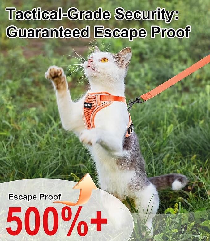 Cat Harness and Leash for Walking Escape Proof Soft Adjustable Cat Leash Breathable Comfortable Vest Easy to Wear Kitten Harness for Outdoor Travel (Orange, S (7-12lb))