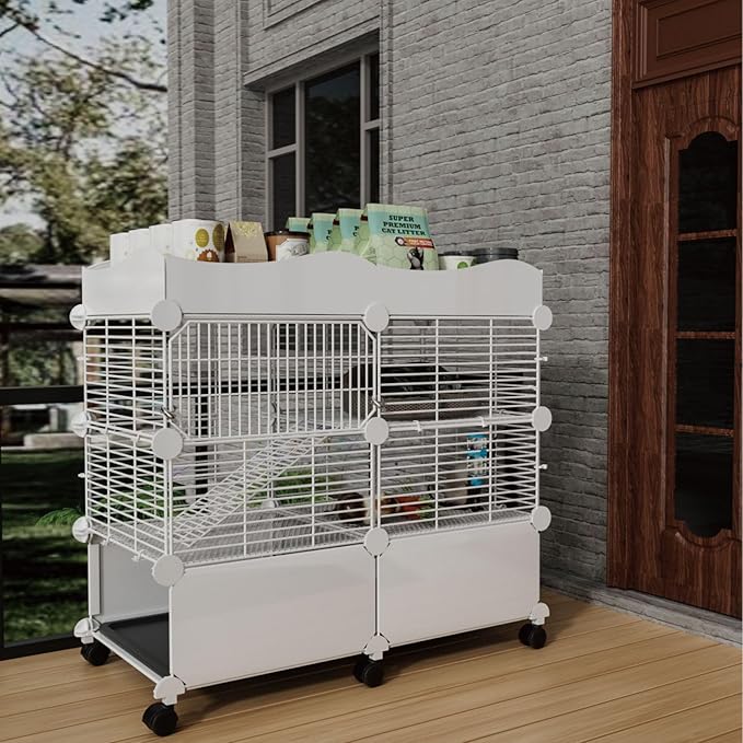 STILLCOVE Small Guinea Pig Cages Indoor, C&C Chinchilla Rat Cage Rabbit House on Wheels with Tray