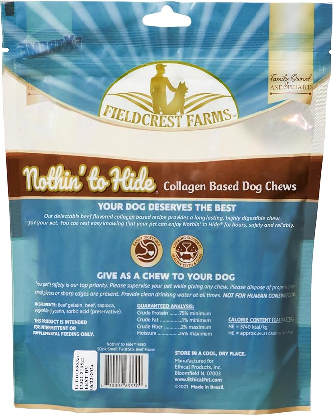 Fieldcrest Farms Nothin' to Hide Twist Stix, Beef Flavor – Easily Digestible Dog Chews, Supports Skin, Coat, Joints & Muscles, for Moderate Chewers Under 15 lbs, 100 Total Pieces