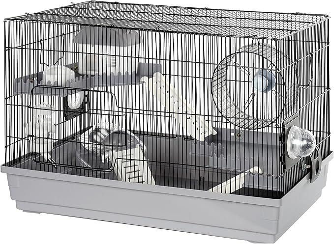 Multilevel Hamster Cage Starter Kit 22″Lx12″Wx15″H for Single Hamster Under 5″ in Body Length with Platforms, Exercise Wheel, Hide-House, Water Bottle, Bathtub, Food Bowl, Ladder, Tube Ports