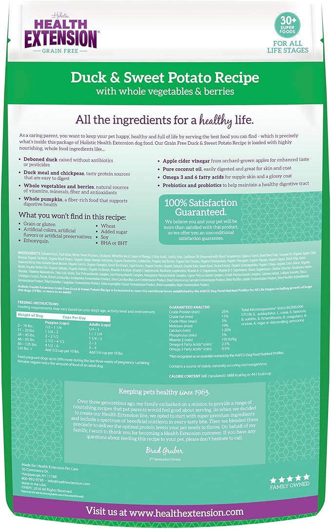 Health Extension Grain Free Duck & Sweet Potato Dry Dog Food - 30+ Superfoods and Probiotics for All Life Stages (23.5 lb)