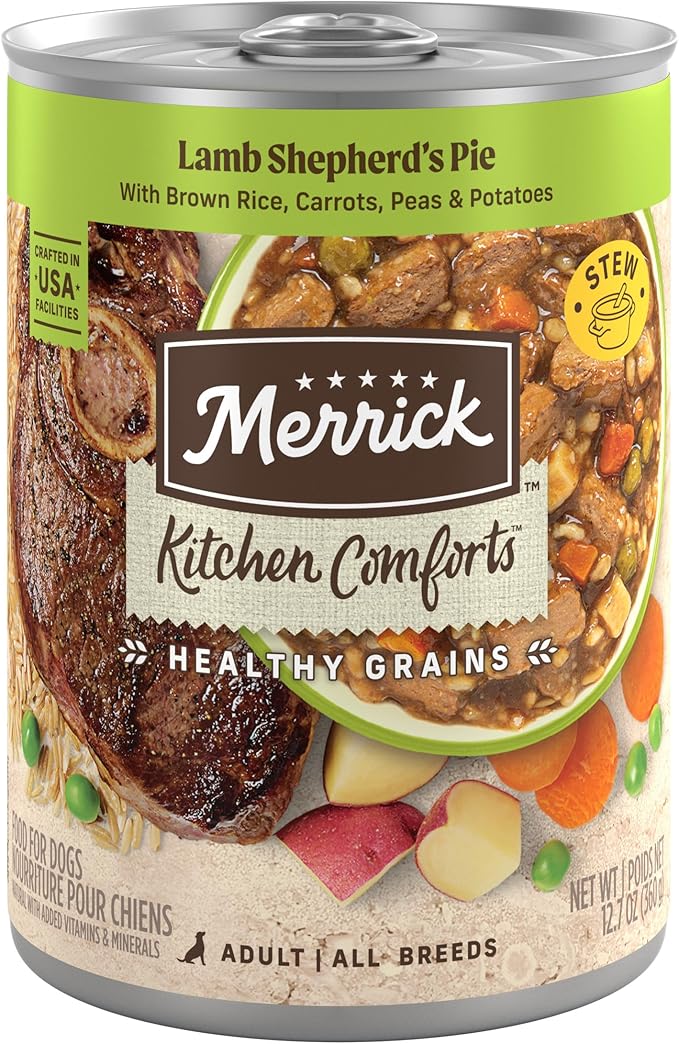 Merrick Kitchen Comforts Healthy Natural Canned Adult Dog Food with Gravy, Shepherd’s Pie with Lamb and Rice - (Pack of 12) 12.7 oz. Cans