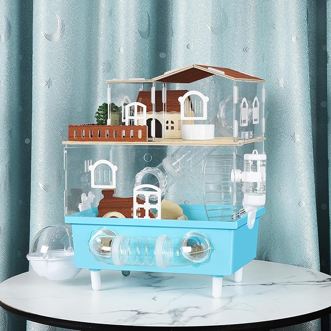 Large Hamster Cage 2 Tier Acrylic Hamster Habitat with Hideout & Running Wheel Blue Dwarf Hamster House for Dwarf Gerbils Syrian Hamsters, Blue, 13.3''L* 9.8''W* 17.4''H