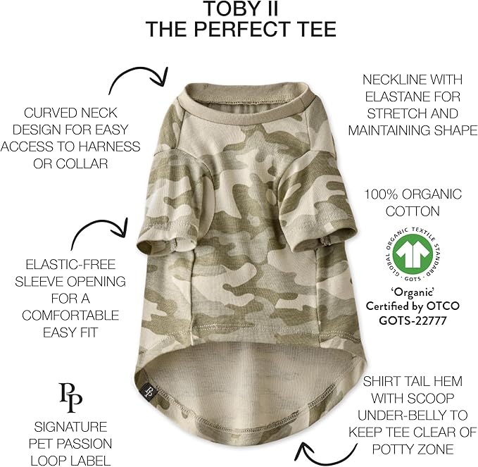 Toby II - The Perfect Tee, 3 Pack Short Sleeve Pet T-Shirt 100% Organic Cotton Tees Clothes for Small, Medium, Large Dogs, Sage Camo, X-Large (55-80 lbs)