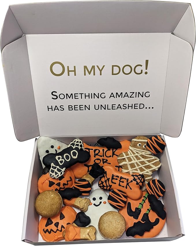 Bonne et Filou Dog Treats, Gift Box Human Grade Gourmet Treats 23 Luxury Spooky Delights with Dog Macarons, Truffles & Bones Healthy Snacks for Small to Large Breeds