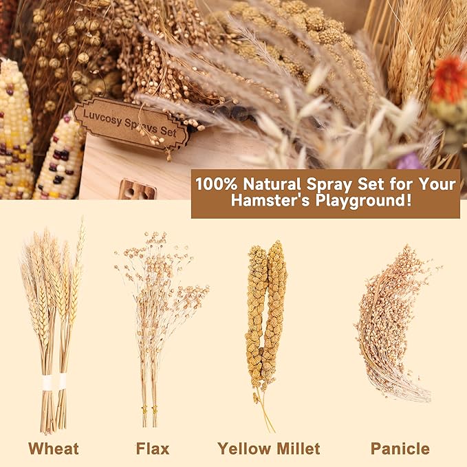 Hamster Organic Sprays Set = Wheat + Flax + Yellow Millet + Panicle Millet, Pet Habitat Bedding Decor, Natural Hamster Chews Accessories Supplies, for Gerbil, Mice, Guinea Pig, Chinchilla, 4 sprays