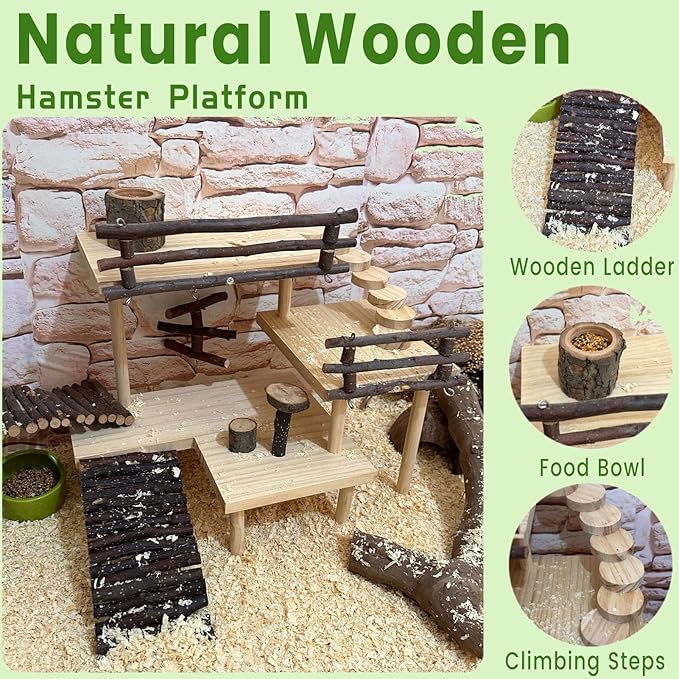 3-Tier Extra Large Wooden Hamster Playground Hamster Climbing Toys Gerbil Platform Small Animals Exercise Activity Set with Ladder for Dwarf Hamsters Mouse Gerbils Rats
