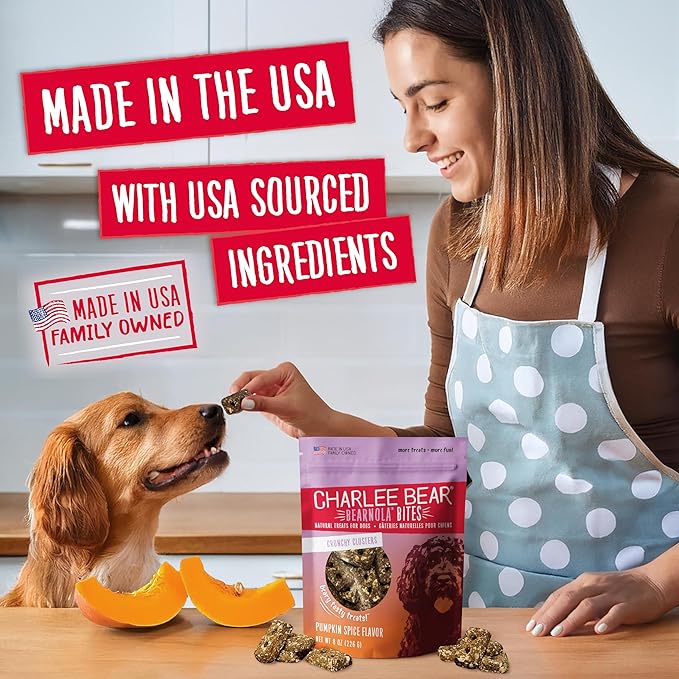 Charlee Bear Bearnola Bites Crunchy Dog Treats, Pumpkin Spice, 8 Ounce Resealable Bag, Limited Ingredient, Natural, Healthy Granola Dog Snacks, Made in USA