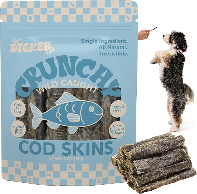 DTS5000A-3OZ Air Dried Wild Caught Cod Skin Crunchy Treats for Dogs, High Protein Omega-3 Fish Snacks Single Ingredient Natural, Gluten & Grain Free, Healthy Training Treats, 3oz Bag