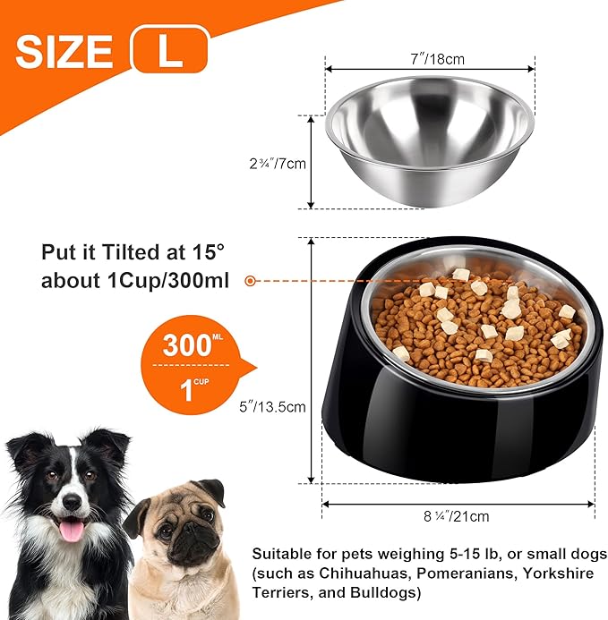Tilted Dog Bowl Non-Slip & Non-Spill Pet Feeder with Elevated Detachable Melamine Stand, Easy to Get Food Dog Dish, L/300ml Black