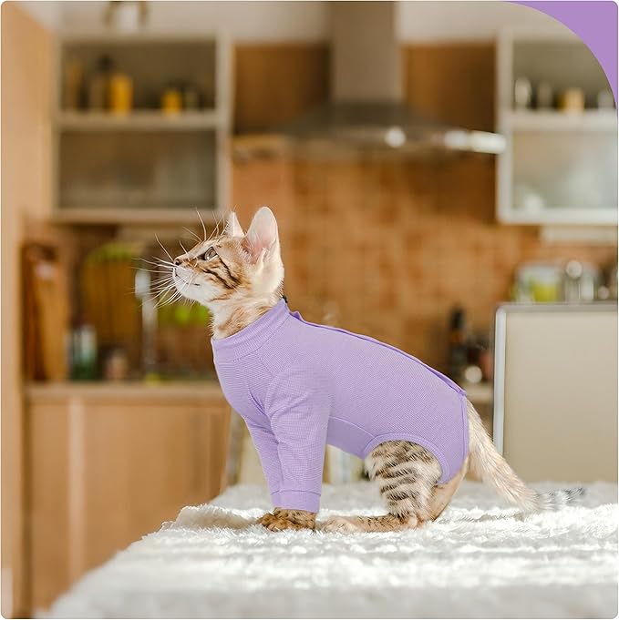 PUMYPOREITY Cat Front Leg Recovery Suit, Surgical Spay Suit with Leg Sleeves to Stop Licking, Machine Washable & Comfort Fit, Long Rear Sleeve Prevents Scratching & Biting, Purple, M