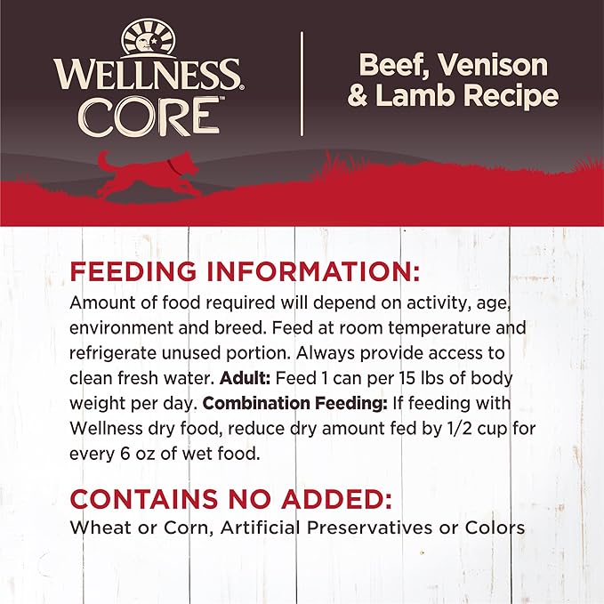 Wellness CORE Natural Wet Grain Free Canned Dog Food, Beef, Venison & Lamb, 12.5-Ounce Can (Pack of 12)