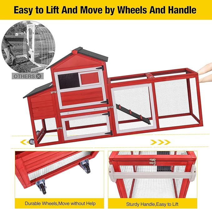 Aivituvin Chicken Coop Expandable Mobile Chicken House for Outdoor with Wheels, Nesting Box, Leakproof Pull-on Tray and UV-Resistant Roof Panel (Red)