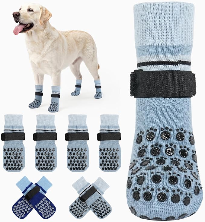 Kuoser Dog Socks, Non-Slip Dog Grip Sock for Hardwood Floors, No Twist Dog Boots & Paw Protectors 4 Pcs Anti-Scratch Hot Pavement Winter Snow Socks for Small Medium Large Senior Dogs, Grey L