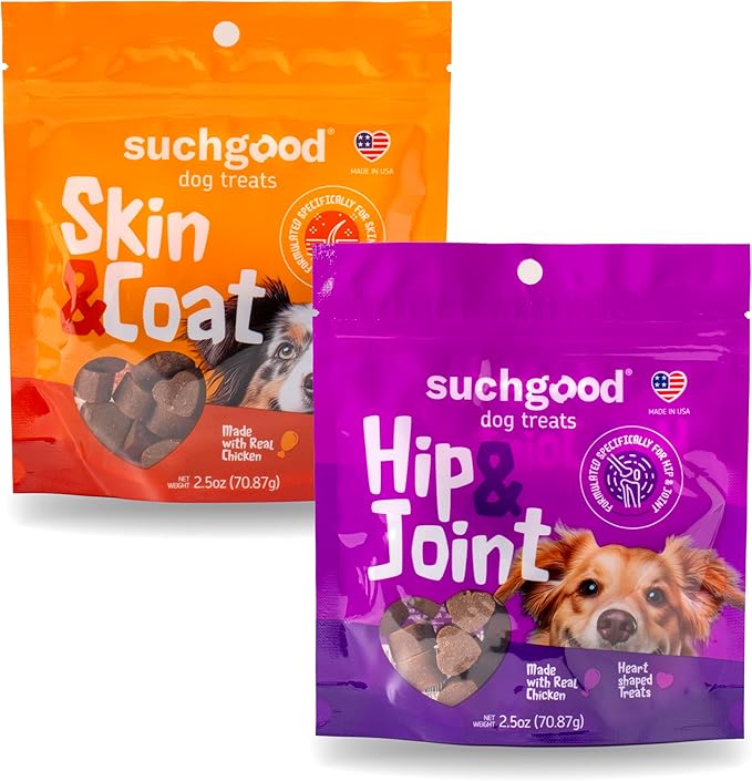 SuchGood Hip and Joint + Skin and Coat Dog Treats - Support Chews for All Breed Sizes and Ages, Glucosamine and Chondroitin + Salmon and Flaxseed Oil (Chicken Flavor, 2 Packs)