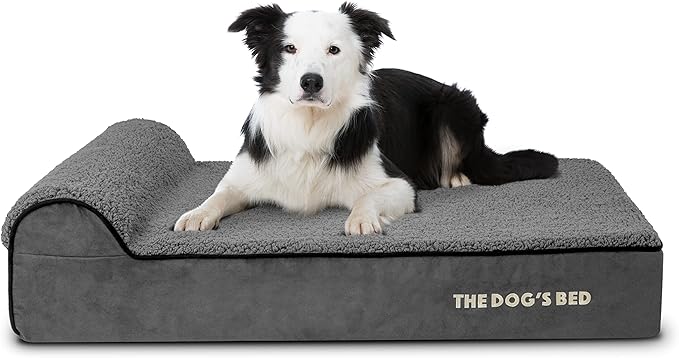 The Dog’s Bed Orthopedic Memory Foam Dog Bed with Headrest, Calming Surface – CertiPUR-Certified Foam, Plush Fabric, Grey Plush, Large, 6-Inch