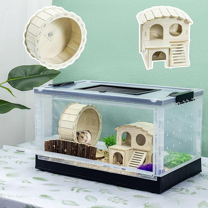 RunDuck Small Animal Pet Hamsters Big Cage Large, Foldable Portable 360° Viewing Ventilated Cages with Villas, Exercise Wheels, for Hamsters, Rats, Dwarf Hamsters, Gerbils, Guinea Pigs (Black, 22")