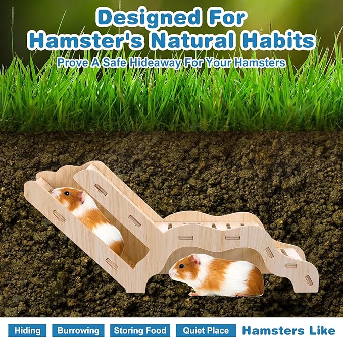 Versatile Hamster Hideout and Exploration Tunnel, Snap-Together Wooden Burrow with Panoramic Window Hamster Explorer for Gerbils Hamsters Small Pets Chew-Safe Cage Enrichment