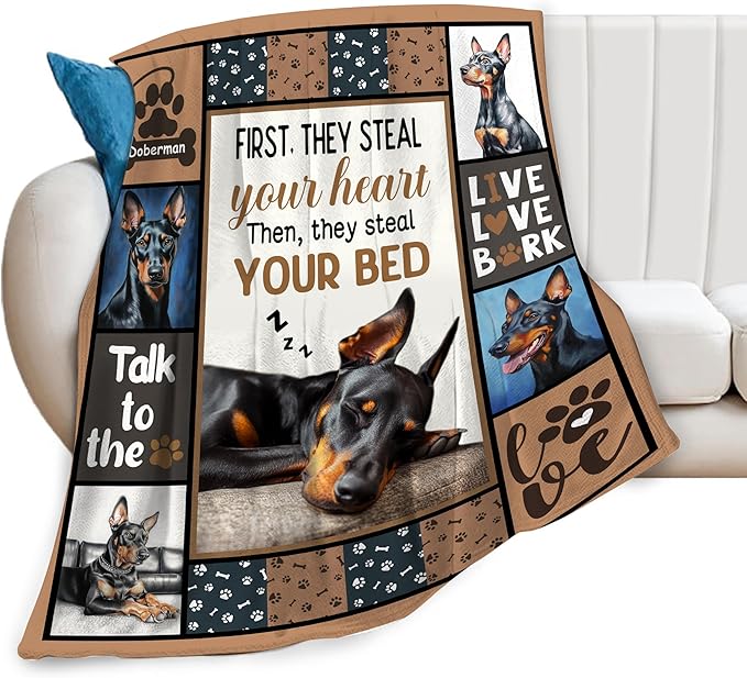 Doberman Gifts Blanket, Dog Throw Blankets, Doberman Gift for Women Boys Girls Men Lover Adult Cozy Fleece Flannel Bedding Stuff Animal Plush for Couch Sofa Bed Decor 50"X40"