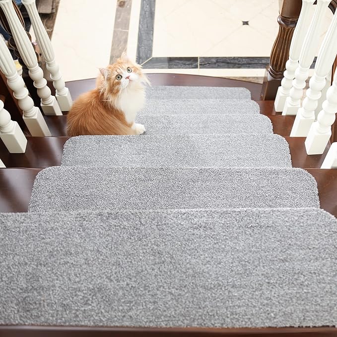 COSY HOMEER Stair Treads Non-Slip 15pcs Carpet Mat 28inX9in Indoor Stair Runners for Wooden Steps, Stair Rugs for Kids and Dogs, 100% Polyester TPE Backing Grey,Protect Floor