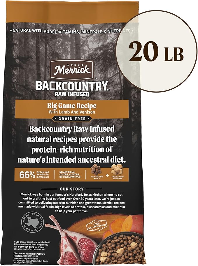 Merrick Backcountry Grain Free Dry Adult Dog Food, Kibble with Freeze Dried Raw Pieces, Big Game Recipe - 20.0 lb. Bag