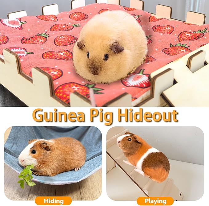 2PCS Guinea Pig Hideout with Hammock,Large Wooden Guinea Pig House with Stairs and Mats,Detachable Guinea Piggy Hide for Small Animals Hamster Ferret Chinchilla Habitats Accessories
