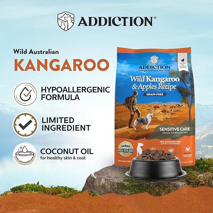 Addiction Wild Kangaroo & Apples Dry Dog Food - Limited Ingredient, Novel Protein for Dogs with Allergies, Grain-Free - Support Muscle Development & Manage Weight - Made in New Zealand 4lb - 4 Packs