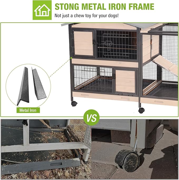 GUTINNEEN Rabbit Hutch with All Around Metal Frame, Ramp, Large Mobile Bunny Cage with 6 Wheels, 2 Story Wooden Cage for Rabbits, Guinea Pigs, and Chickens, Outdoor/Indoor Use, 62"L x 22.6"W x 33.5"H