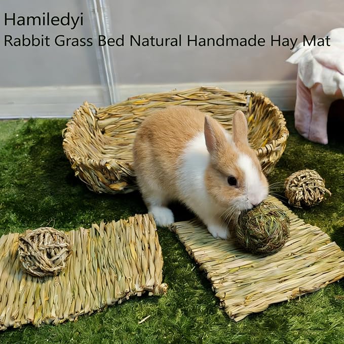 Hamiledyi Ex-Large Rabbit Grass Bed Natural Handmade Hay Mat Chew Balls for Drawf Rabbit Bunny Chinchilla Guinea Pig Ferret Hedgehog Rat