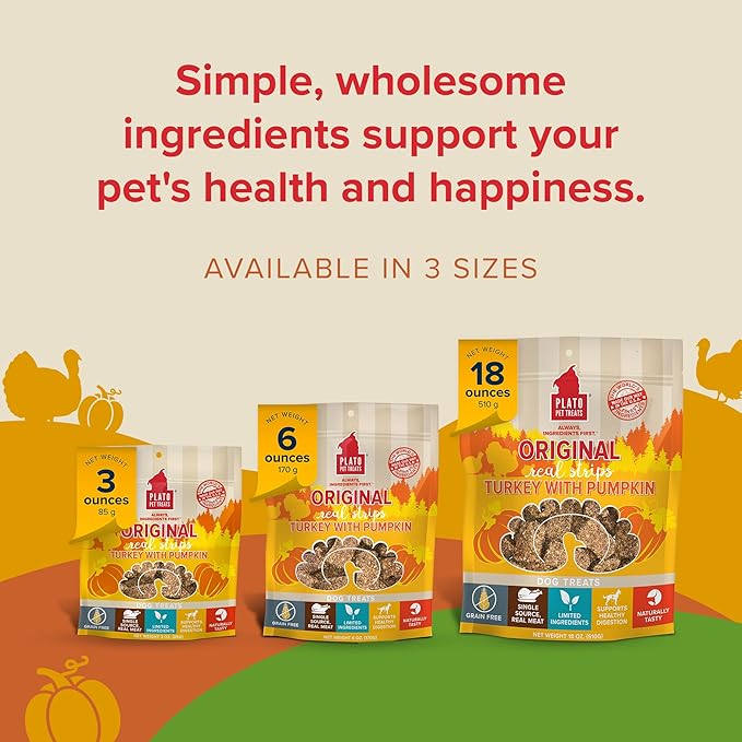 Plato Pet Treats Real Strips - Air-Dried Meat Bars for Dogs - Delicious, Limited Ingredient Dog Treats - Grain Free - Original Real Strips Turkey & Pumpkin 18oz - 2 Pack
