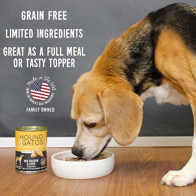 Hound & Gatos Wet Dog Food, 98% Real Meat, Single Protein Chicken Recipe, High Protein, Supports Digestive Health, Limited Ingredients, Grain Free, 13 oz. Cans (Pack of 12)