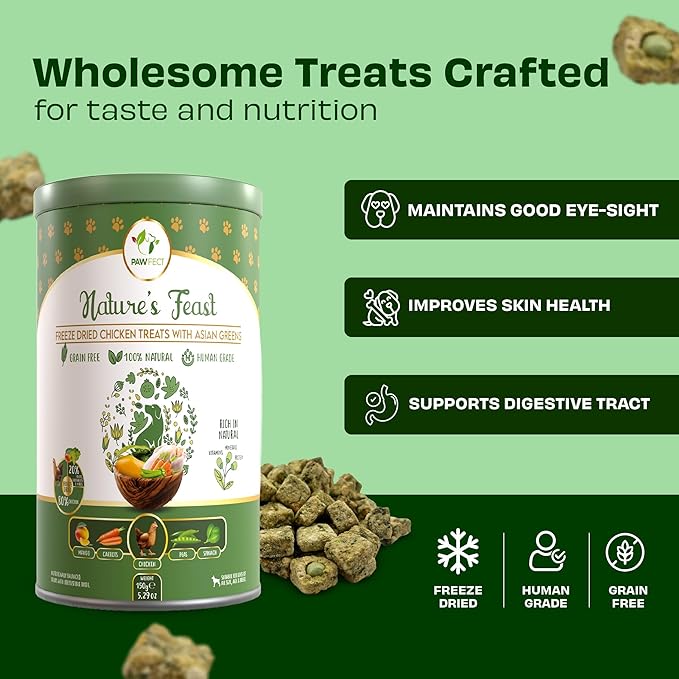 Pawfect Nature's Feast Freeze-Dried Chicken Treats with Asian Greens for Dogs - 80% Chicken, 20% Veggies & Fruits-100% Natural- Grain-Free-High Protein- Limited Ingredient Training Treat(150g/5.29oz)
