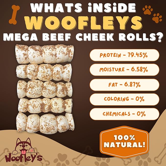 Woofley's 10-12" Bully Dusted Beef Cheek Roll - (5 Count)- Beef Cheek Rolls for Dogs - Long Lasting Natural Dog Chews