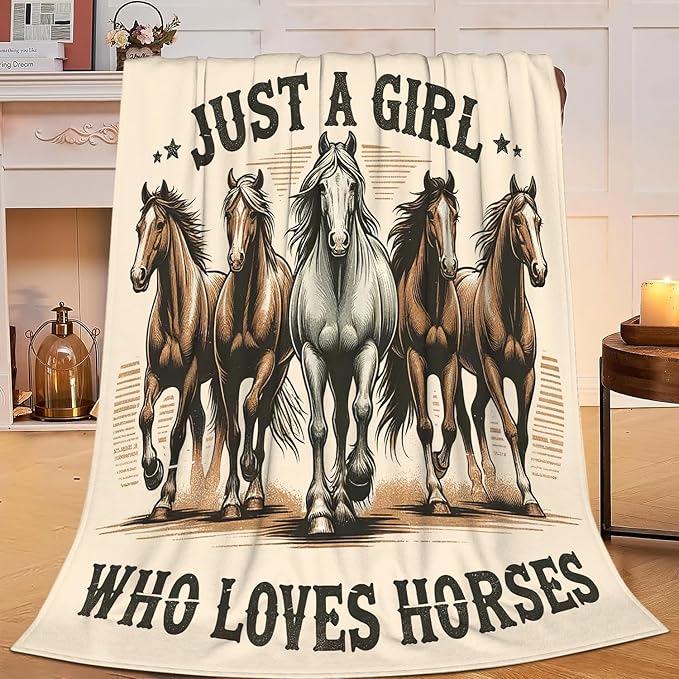 SweetFox Just A Girl Who Loves Horses Blanket, Horse Decor Throw Blanket Gifts for Girls Boys Lovers Super Warm Soft Plush Fleece Flannel Winter Bedding Blankets for Kids Adults Men Women 50"X40"
