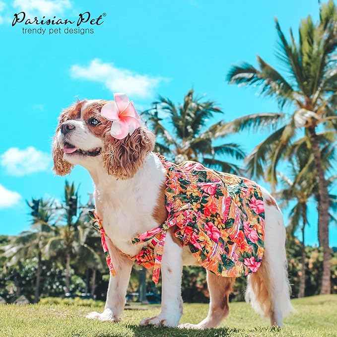 Parisian Pet Hawaiian Dog Dress - 100% Cotton Summer Clothes for Small Dogs Girl - Pet Dress with Pull-Up Straps - Floral Beach Dog Outfit - Lightweight Puppy Clothes - Stylish Dresses for Dogs