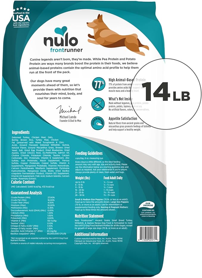 Nulo Frontrunner Dry Dog Food Small Breed - High-Protein Turkey, Whitefish & Quinoa Recipe, Natural Puppy & Adult Dog Food, Small Sized Kibble with Probiotics, Taurine, Omega 3, 5lb Bag