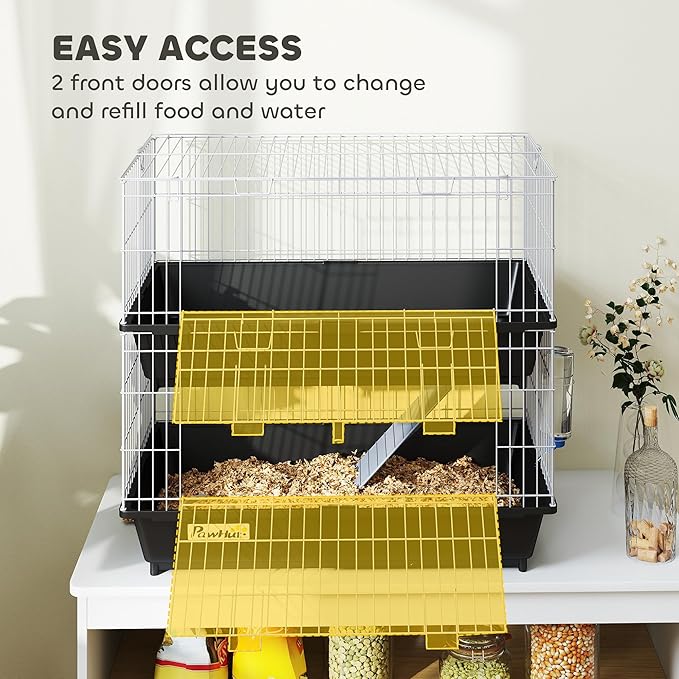 PawHut 2-Tier Small Animal Cage, Chinchilla Ferret Cage Indoor with Dish and Bottle, 2 Doors, Deep Bottoms, Ramp, 28", Black
