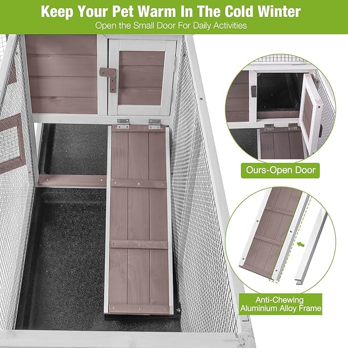 GUTINNEEN Rabbit Hutch with Chew-Proof Ramp, Large Mobile Bunny Cage with 6 Wheels, 2 Story Wooden Cage for Rabbits, Guinea Pigs, and Chickens, Outdoor/Indoor Use, 62" L x 22.6" W x 33.5" H