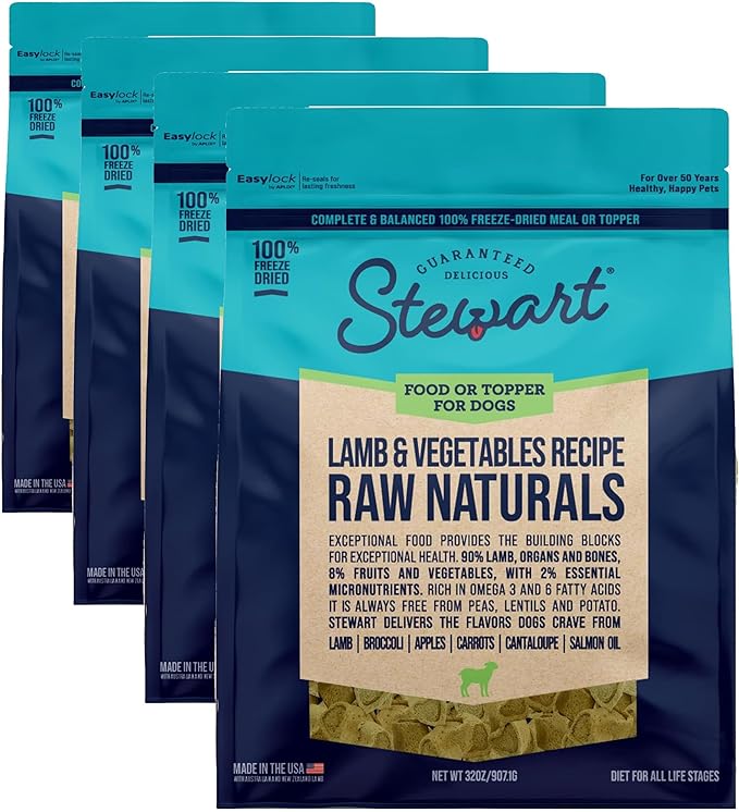 Stewart Raw Naturals Freeze Dried Raw Dog Food or Meal Topper, Lamb & Vegetables Recipe, 32 Ounce Bag, Complete and Balanced Nutrition (Pack of 4)