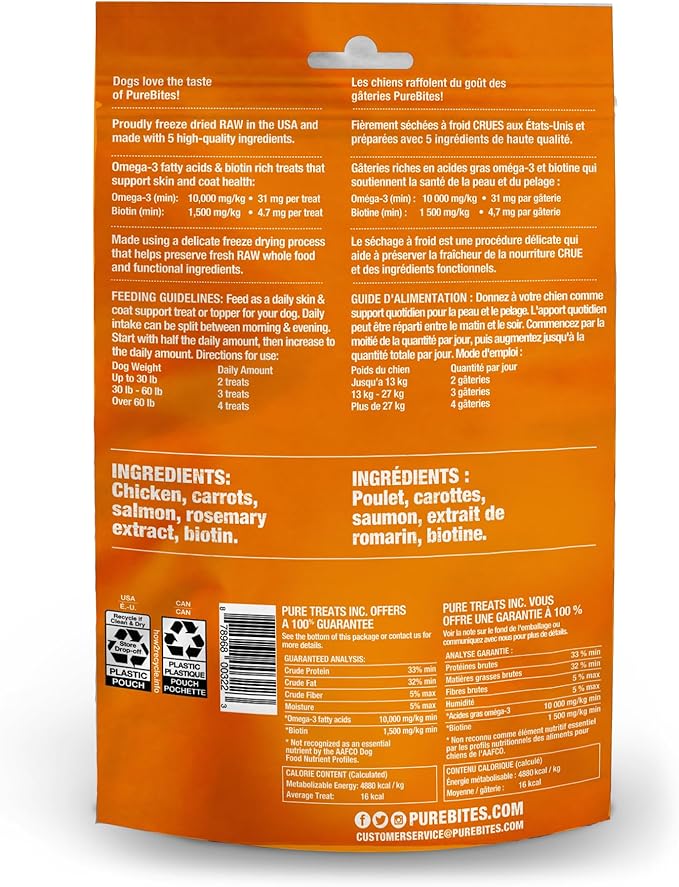 PureBites+ Skin & Coat Freeze Dried Dog Treats, 5 Ingredients, Made in USA, 3oz
