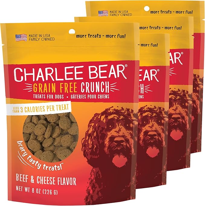 Charlee Bear Crunchy Dog Training Treats, Low Calorie (3 Kcal), Grain Free Natural Mini Dog Treats for Puppies, Small, Medium & Large Dogs, USA Made, Healthy Beef & Cheese Flavor 8oz (4-Pack)