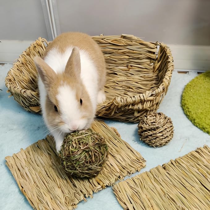 Hamiledyi Ex-Large Rabbit Grass Bed Natural Handmade Hay Mat Chew Balls for Drawf Rabbit Bunny Chinchilla Guinea Pig Ferret Hedgehog Rat