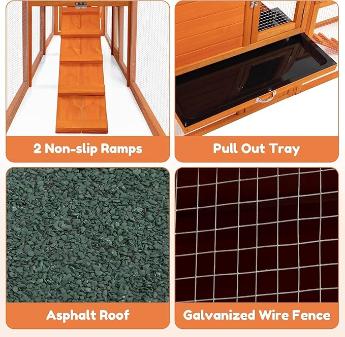 COZIWOW Large Wooden Rabbit Hutch Outdoor Indoor, 94.5" L 2-Level Bunny Cage for 2 or More Small Animals with Removable Tray & Multiple Entrances (Orange)