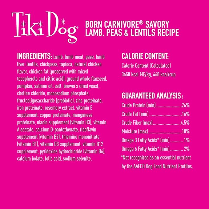 Tiki Dog Born Carnivore for Dogs, Savory Lamb, Peas & Lentils Recipe, Grain Free Baked Kibble for Maximum Nutrition, For Adult Dogs and All Size Breed Dogs, 10 lbs. Bag